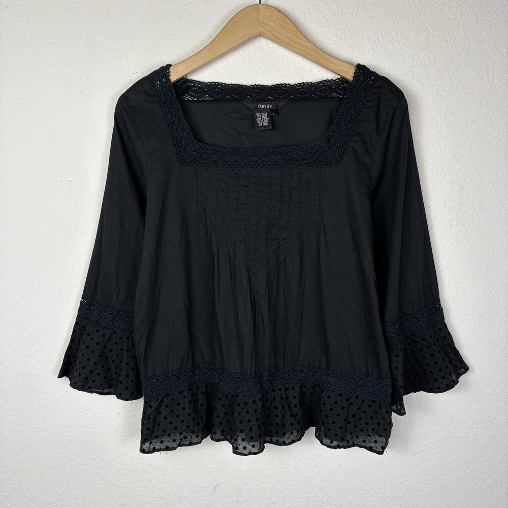 Vintage Ishyu Size L Blouse Pintuck Square Neck Black Whimsigoth Western Witchy